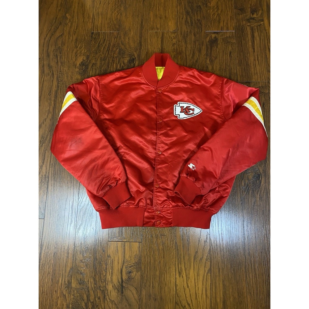Vintage Starter Kansas City Chiefs Satin Bomber Jacket Red Snap Front Mens XL